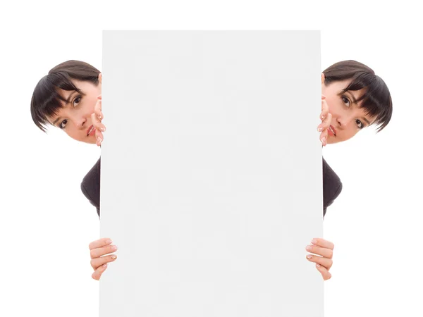 Geschäftsfrau hinter einem weißen Papier — Stockfoto