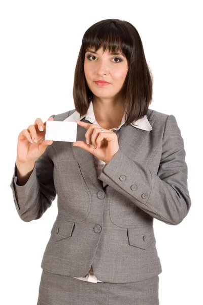 Mujer de negocios con tarjeta blanca en la mano — Foto de Stock