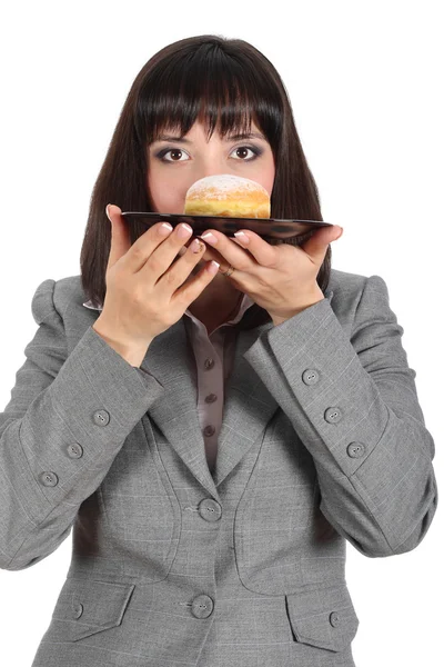 stock image Young woman ready to eat a donut