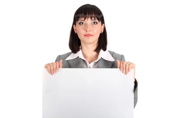 Γυναίκα των επιχειρήσεων πίσω από ένα λευκό μοντέλο χαρτιού — Φωτογραφία Αρχείου