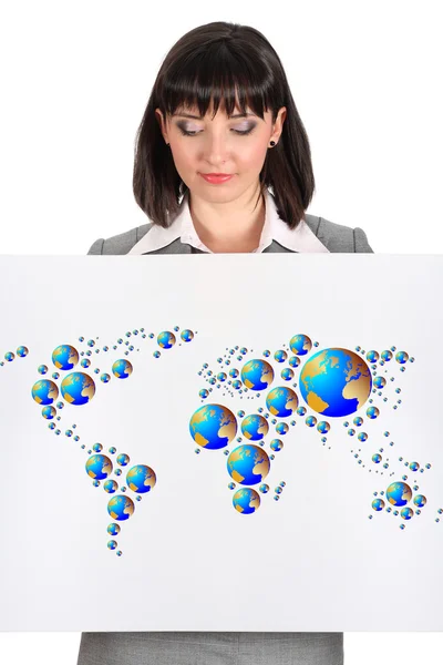 Biznes kobieta z prezentacji mapy świata — Zdjęcie stockowe