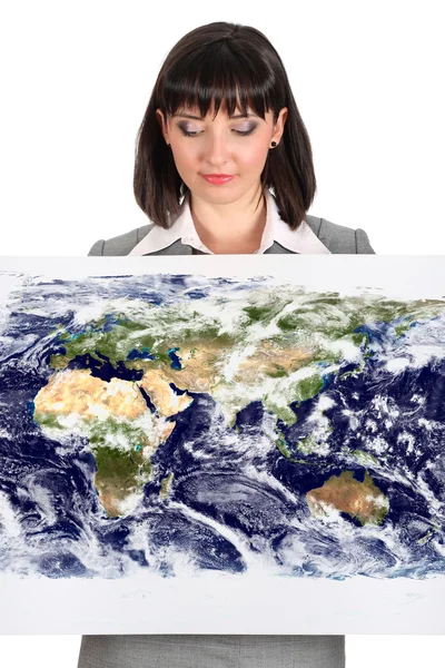 Liiketoiminnan nainen maailmankartan esittely — kuvapankkivalokuva
