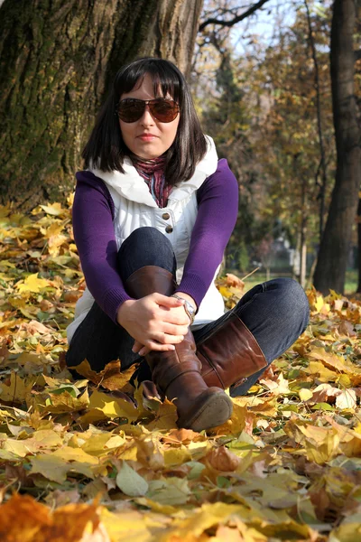 Chica en hojas de otoño —  Fotos de Stock