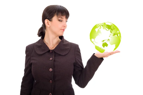 Zakenvrouw met groene planeet in hand — Stockfoto