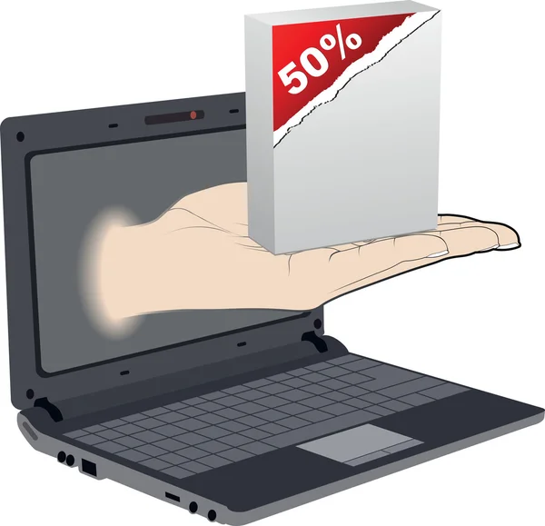 Palm kommer ut från en skärm på en bärbar dator med femtio procent disco — Stock vektor