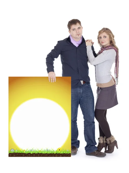 Met een zonneschijn banner (echt) paar — Stockfoto
