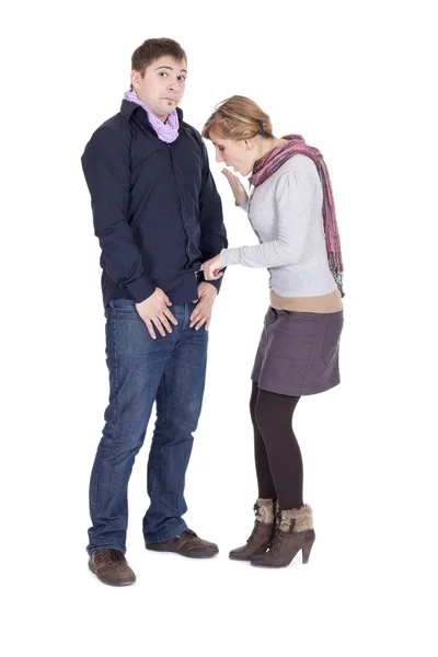 Girl looking at boy in pants — Stock Photo, Image