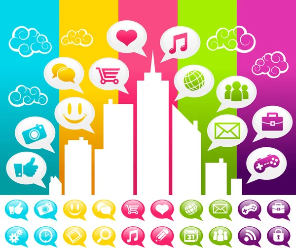 Cidade colorida com ícones de mídia social —  Vetores de Stock