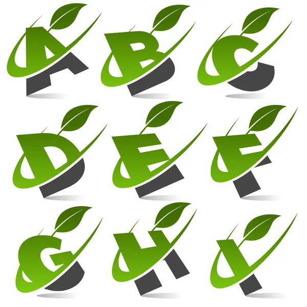 Swoosh alfabeto verde con conjunto de iconos de la hoja 1 — Vector de stock