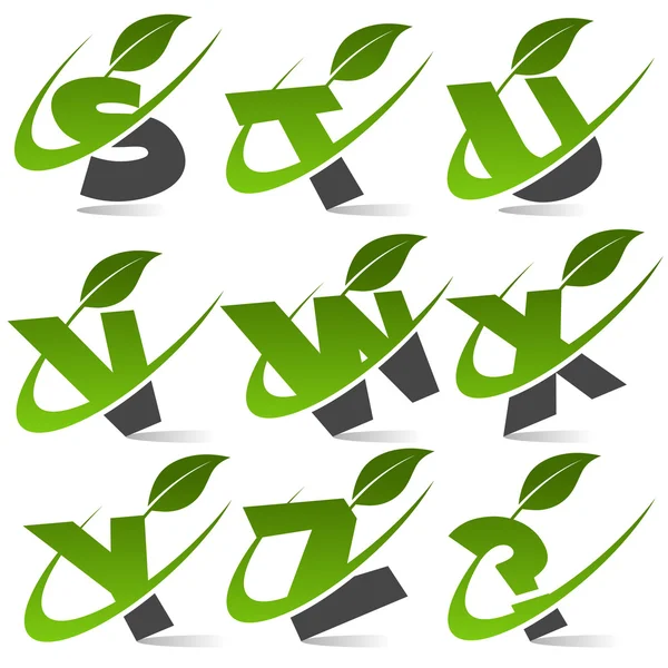 Swoosh Green Alphabet with Leaf Icon Set 3 — Stock Vector