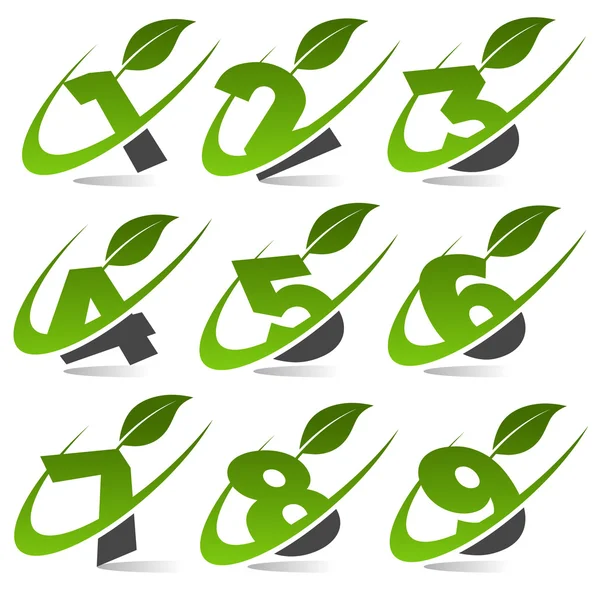 Números verdes de Swoosh com conjunto de ícones de folhas 4 —  Vetores de Stock