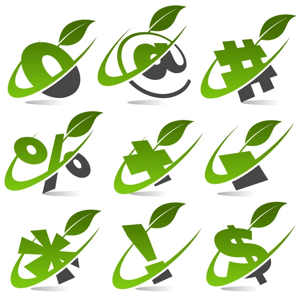 Swoosh Símbolos verdes con conjunto de iconos de hoja 5 — Vector de stock