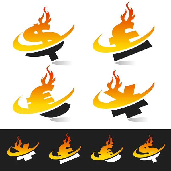 Symboles de monnaie de flamme Swoosh — Image vectorielle