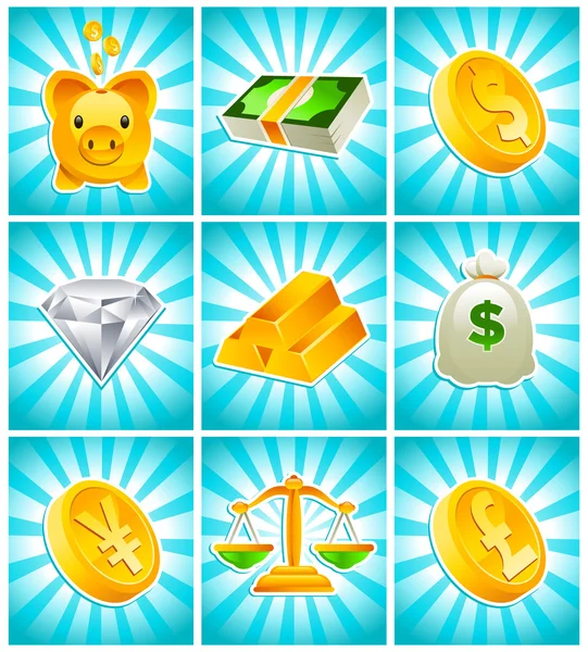 Goud, geld en financiële pictogrammen — Stockvector