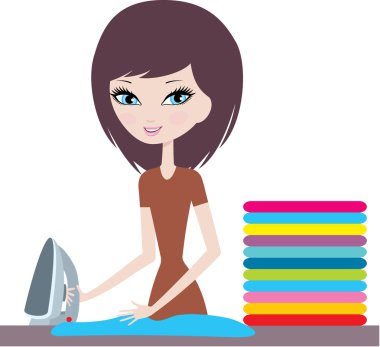 Young cartoon woman irons clothes clipart