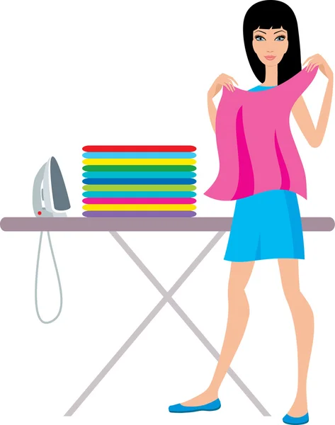 Ung kvinna irons kläder — Stock vektor