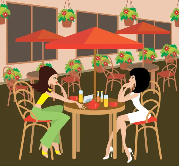 Две молодые женщины в кафе — стоковый вектор