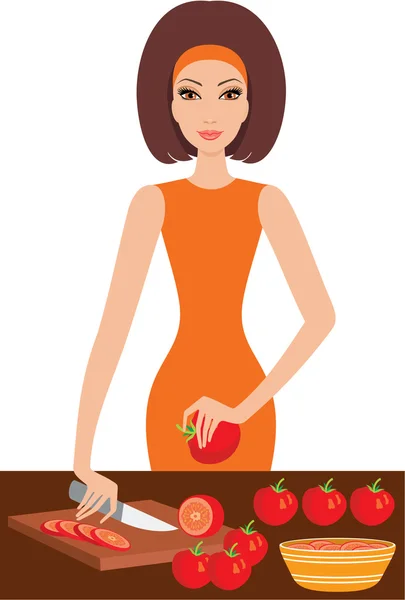 Cartoon woman on kitchen cuts vegetables Stock Vector Image by ©gurZZZa  #7566862