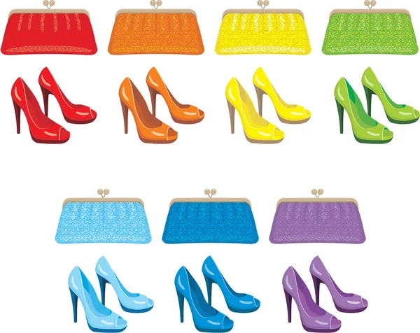 Bayan çanta ve ayakkabılar. Gökkuşağı renklerini — Stok Vektör