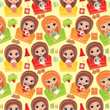 Seamless girls cartoon pattern. clipart