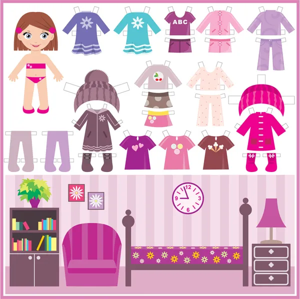 Muñeca de papel con un juego de ropa y una habitación — Vector de stock