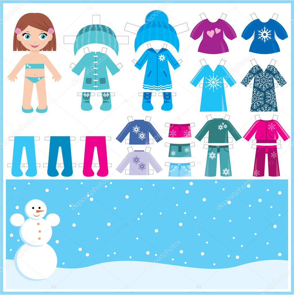 Paper doll with a set of winter clothes.