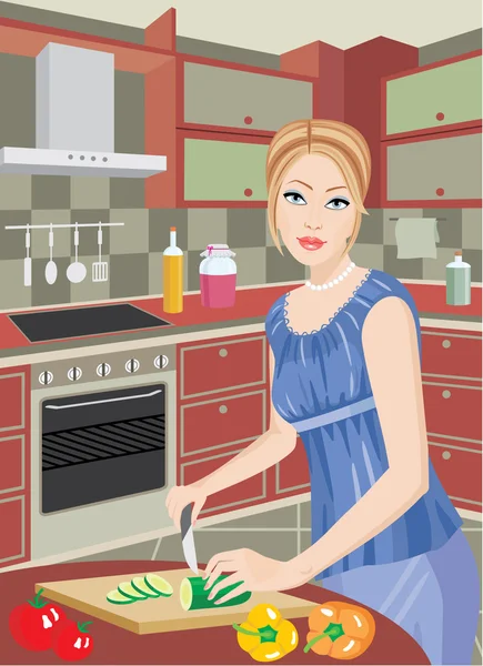 Молодая женщина на кухне режет овощи — стоковый вектор