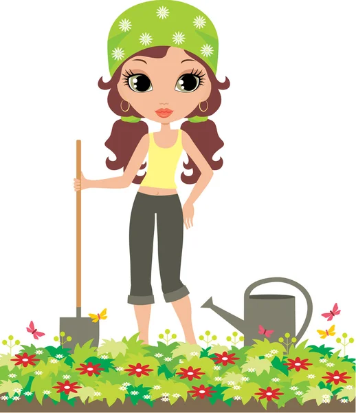 Chica el jardinero sobre un fondo blanco — Vector de stock