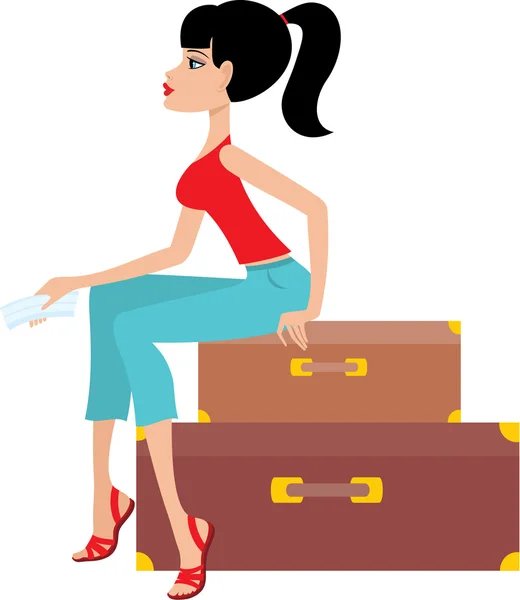 Nő ül egy bőröndöt, és birtokolja a jegy — Stock Vector