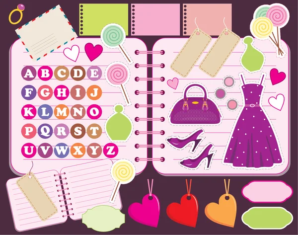 Scrapbook elementos con letras y ropa . — Vector de stock