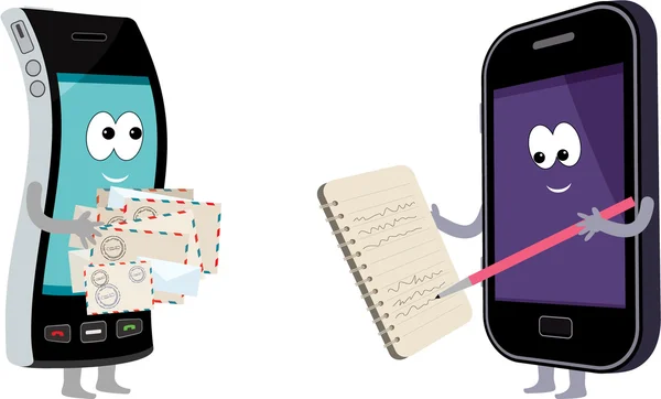 สมาร์ทโฟนสองเครื่องที่มีซองจดหมายและโน๊ตบุ๊ค . — ภาพเวกเตอร์สต็อก
