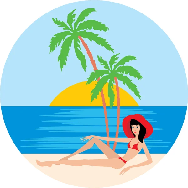 Plage tropicale avec palmiers et femme — Image vectorielle