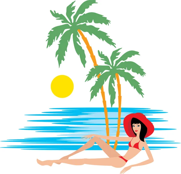 Тропический пляж с пальмами и женщиной — стоковый вектор
