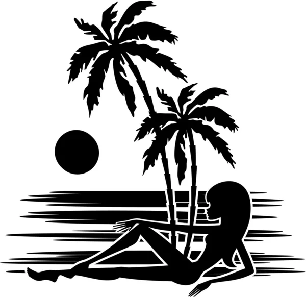 Tropics. bir palmiye ağaçları ve beyaz zemin üzerine kadın silueti — Stok Vektör