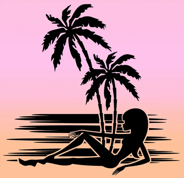 Tropischer Strand mit Palmen und Frau. Silhouette. — Stockfoto