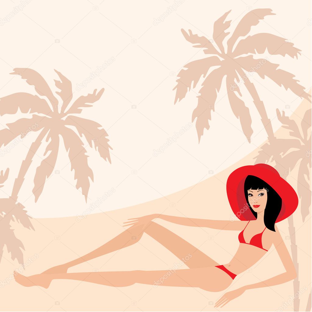Background with palm trees and woman.