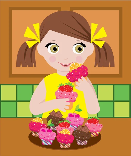Lilla flickan i köket med cupcakes — Stock vektor