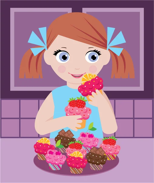 Menina na cozinha com cupcakes — Vetor de Stock
