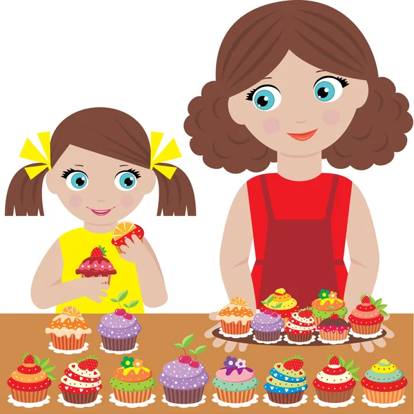 Mãe com a filha assar cupcakes — Vetor de Stock