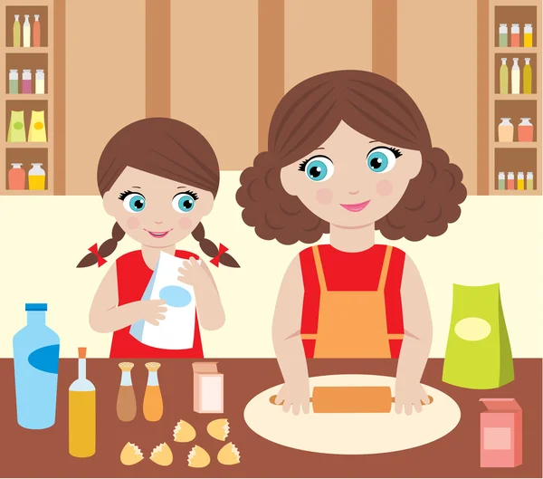 Mutter und Tochter kochen Teig — Stockvektor