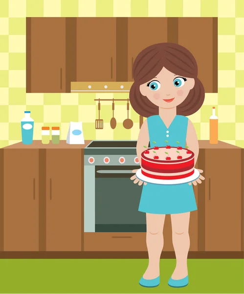 Jonge vrouw houdt een taart — Stockvector
