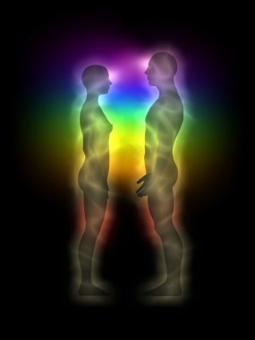Woman and man silhouette with aura, chakras, energy - profile clipart