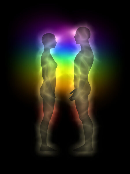 Woman and man silhouette with aura, chakras, energy - profile