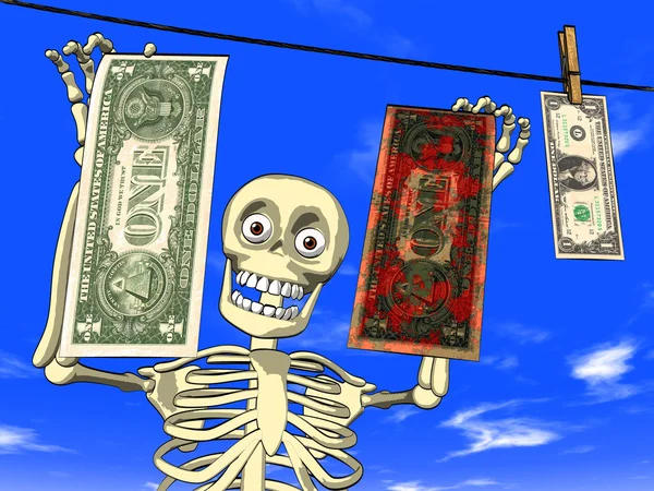 Praní špinavých peněz - kreslený kostra s dolarové bankovky — Stock fotografie