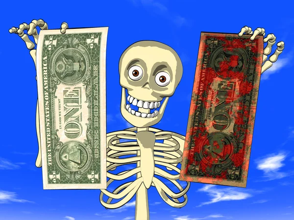Отмывание денег - карикатура на скелет с долларовыми купюрами — стоковое фото