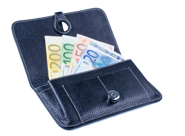 Dompet hitam dengan uang kertas — Stok Foto