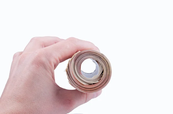 En hel del femtio euro räkningar bundna gummiband i hand — Stockfoto