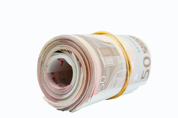 En hel del femtio euro räkningar bundna gummiband — Stockfoto