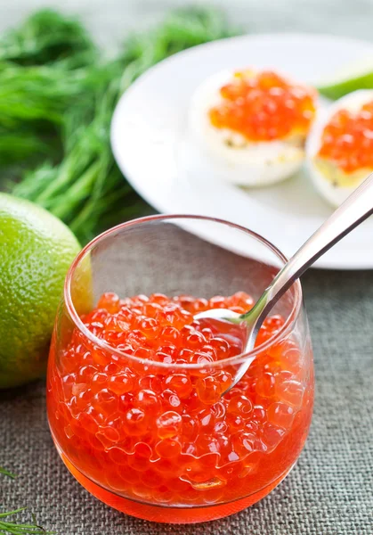 Kaviar in Gläsern auf Dill und Limettengrund aus nächster Nähe — Stockfoto