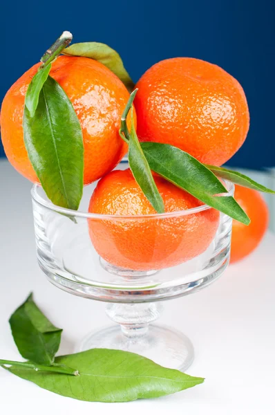 Mandarinas en jarrón sobre fondo azul — Foto de Stock